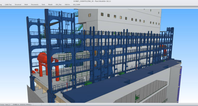 SDARI가 설계한 23000TEU 컨테이너 선박의 CADMATIC 3D 모델.