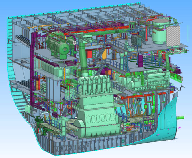 Cadmatic 3D model of the engine room area of a 49000 DWT chemical tanker.