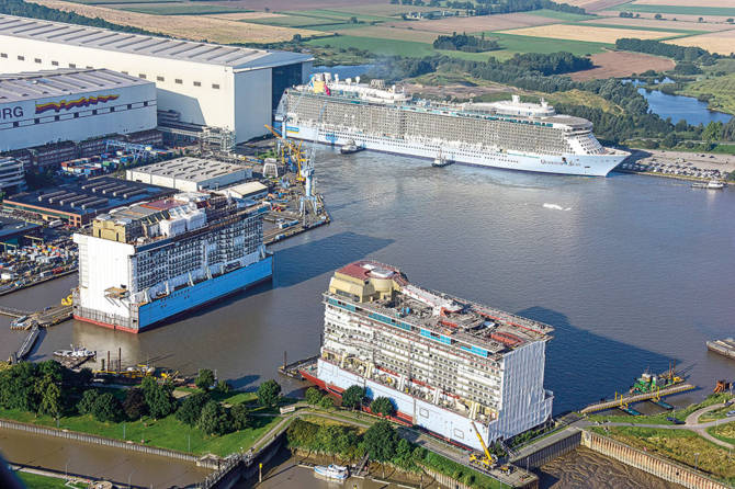 Cruise ship assembly at Meyer Werft in Papenburg, Germany.