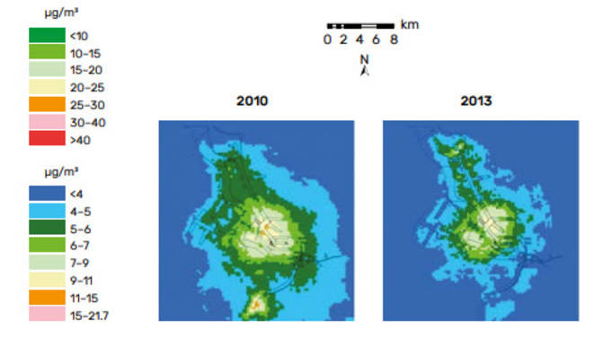 Picture 1. Annual average SO₂ concentration in the port of Antwerp in 2000, 2004, 2010 and 2013. The level of SO₂ concentration in the port and city declined so dramatically that the map colour key had to be changed from 2010 onwards (on the right) to allow for SO₂ levels below 10 μg/m3. In order to allow a meaningful comparison, the 2010 and 2013 maps from the Flemish Environment Company were redrawn (right) according to the 2000 and 2004 map key for this publication.