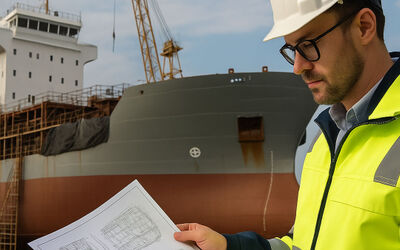 Engineering looking at layout documentation of a vessel with ship in the background.