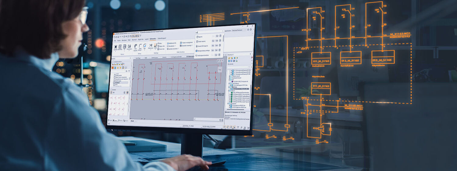 office worker using 3D Electrical design software. The software is used for electrical design and automation, Electrical BIM design and include electrical toolset. The software also comes a free trial.
