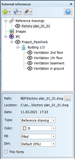 External references dialog in CADMATIC Draw