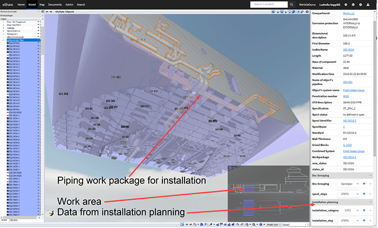 Example of 3D model and installation planning data in the context of work package visualization.