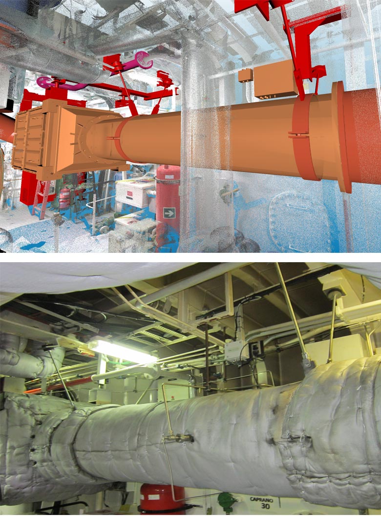Engine room 3D model and real life photo from the same spot