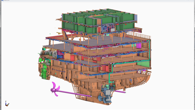 Part of a 3D ship model created by Meyer with CADMATIC software.